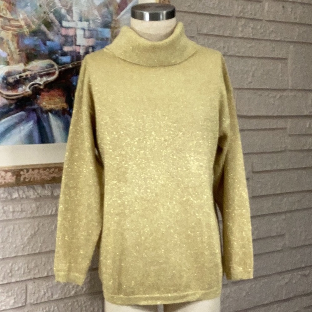 Jennifer Moore Gold Metallic Slough Turtleneck Sweater